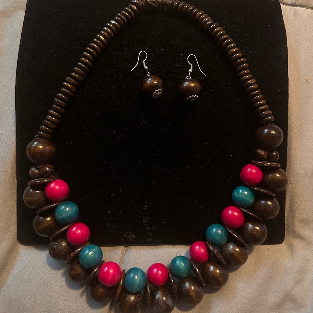 Elegant Brown, Pink, and Blue Beaded Necklace and Earring Set